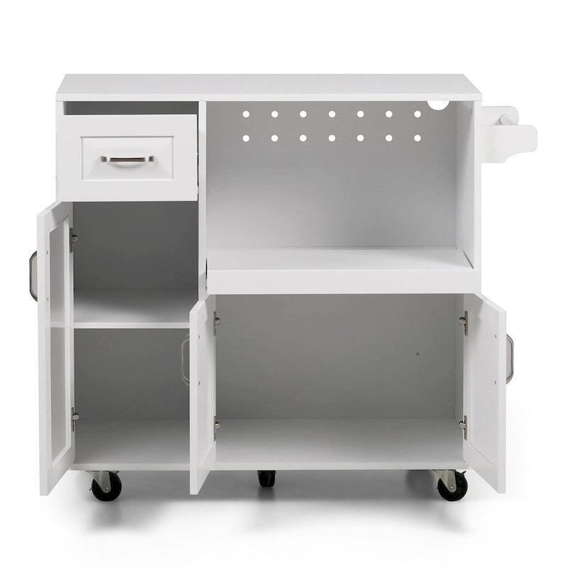 Desserte de cuisine roulante blanche et rouge avec espace micro-ondes et rangement