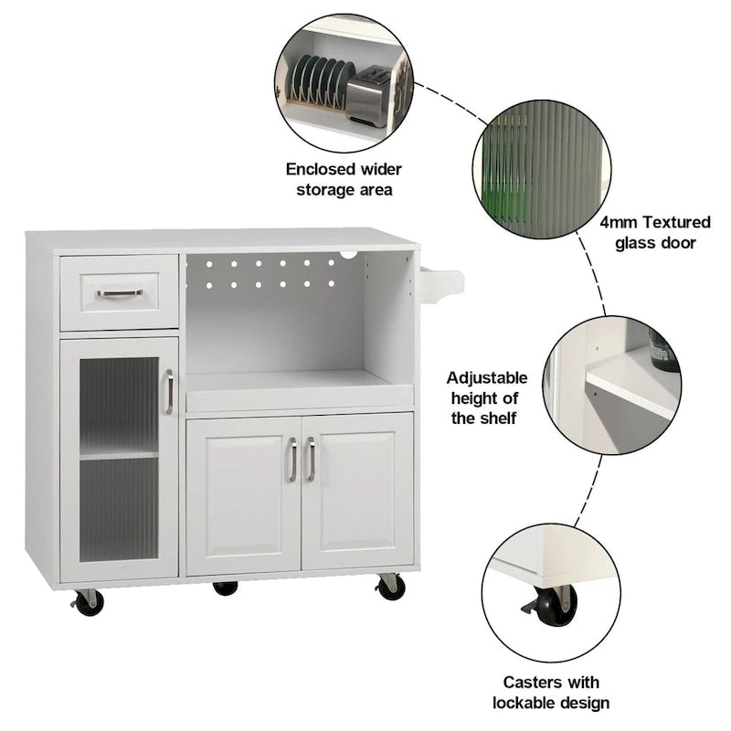 Desserte de cuisine roulante blanche et rouge avec espace micro-ondes et rangement