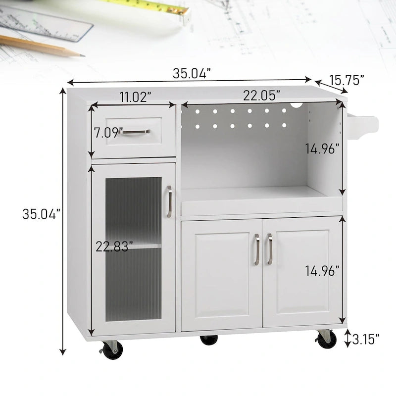 Desserte de cuisine roulante blanche et rouge avec espace micro-ondes et rangement