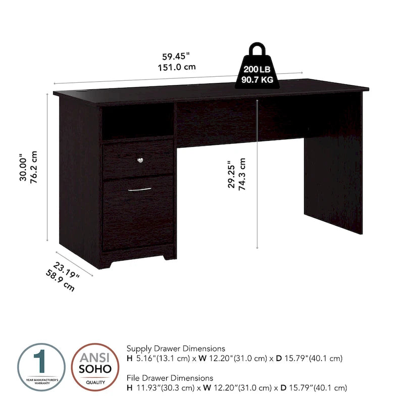 Bureau d'ordinateur 60 W Espresso Oak avec tiroirs, 1 personne