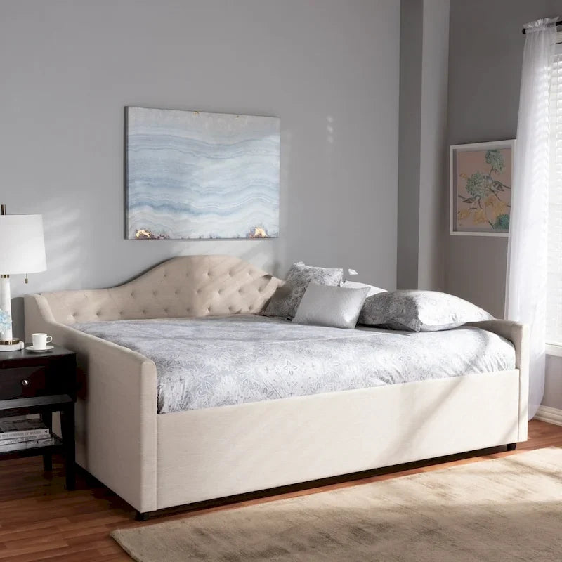 Lit de repos en tissu beige/gris – Grand lit et très grand lit, 1 place