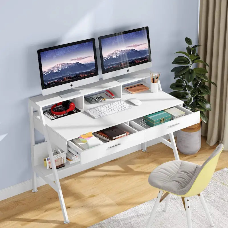 Bureau informatique blanc/noir avec huche et tiroirs, 1 personne