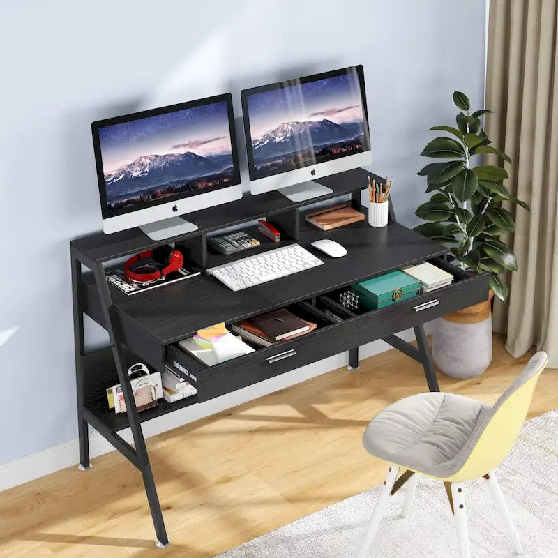 Bureau informatique blanc/noir avec huche et tiroirs, 1 personne