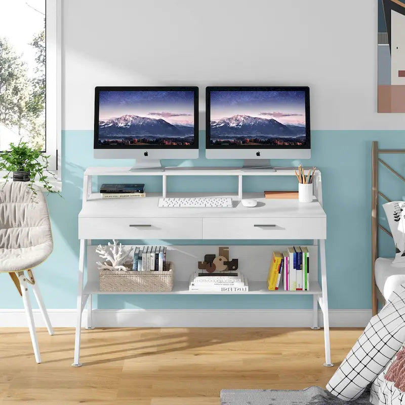 Bureau informatique blanc/noir avec huche et tiroirs, 1 personne