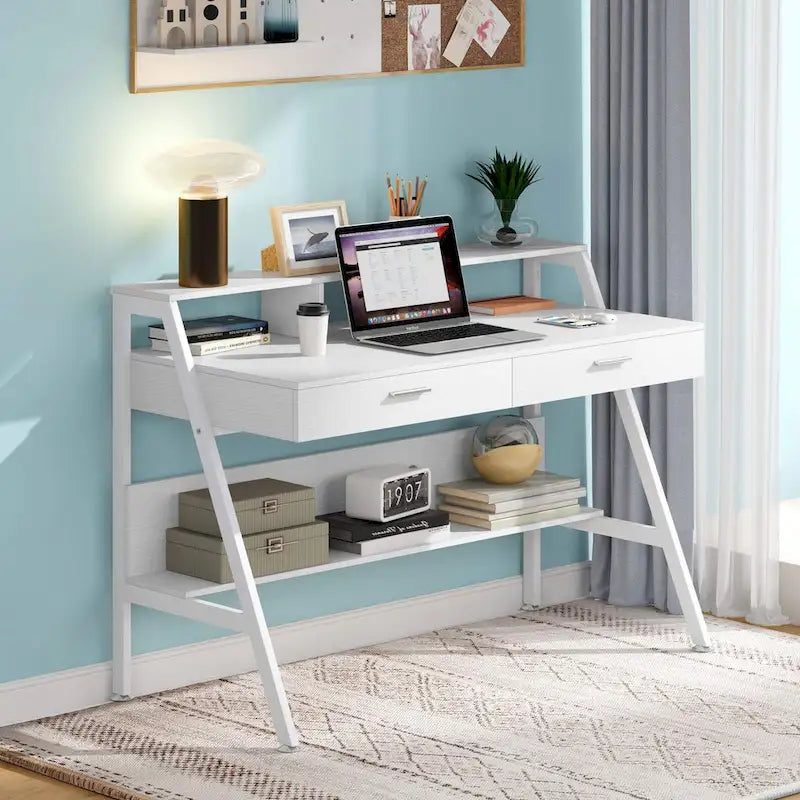 Bureau informatique blanc/noir avec huche et tiroirs, 1 personne