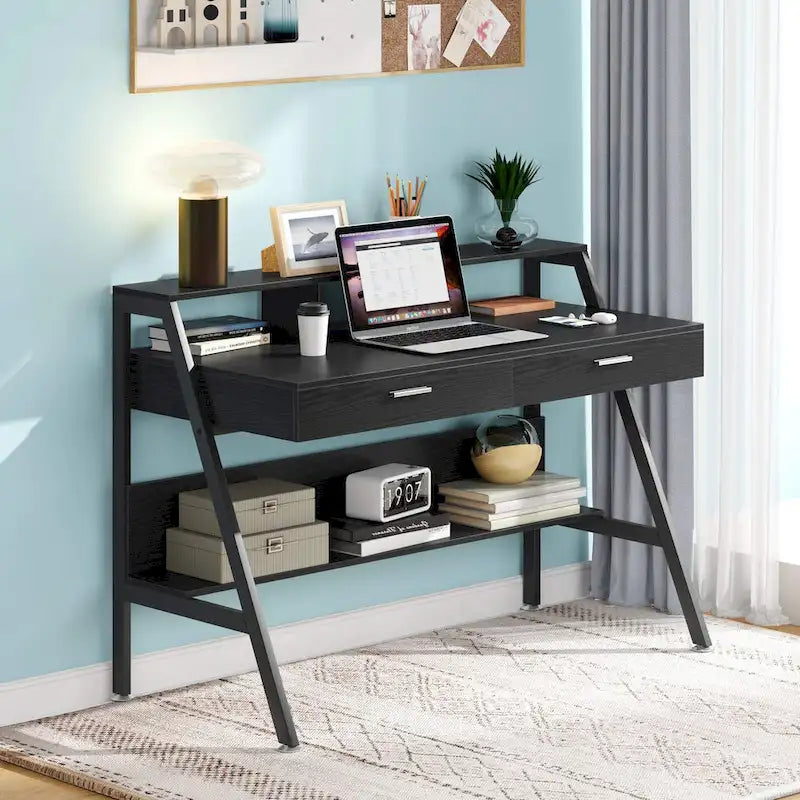 Bureau informatique blanc/noir avec huche et tiroirs, 1 personne