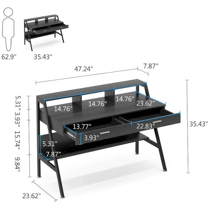 Bureau informatique blanc/noir avec huche et tiroirs, 1 personne