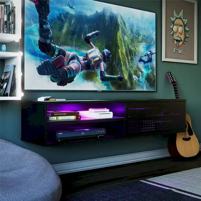 Meuble TV flottant de jeu noir/blanc pour 2 adultes, compatible avec les TV jusqu'à 60 po
