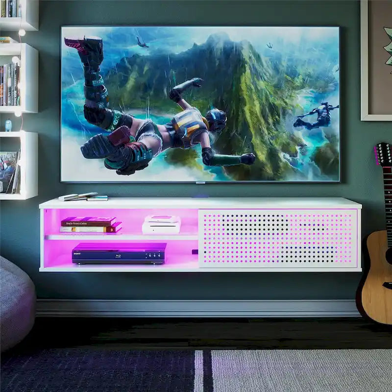 Meuble TV flottant de jeu noir/blanc pour 2 adultes, compatible avec les TV jusqu'à 60 po