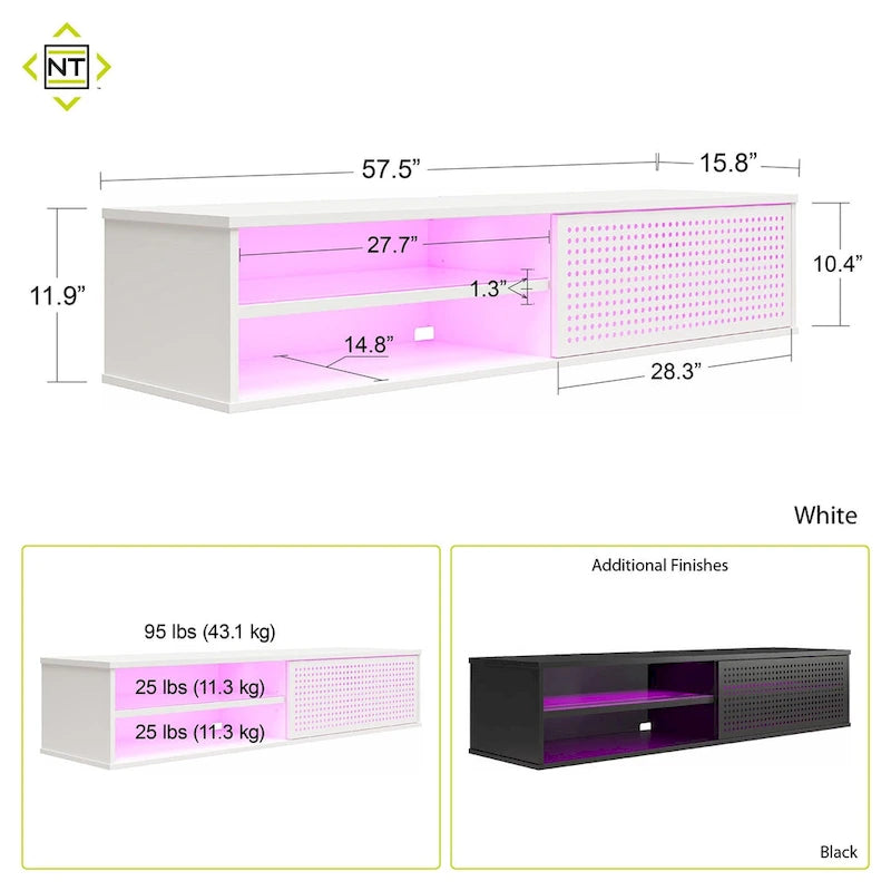 Meuble TV flottant de jeu noir/blanc pour 2 adultes, compatible avec les TV jusqu'à 60 po