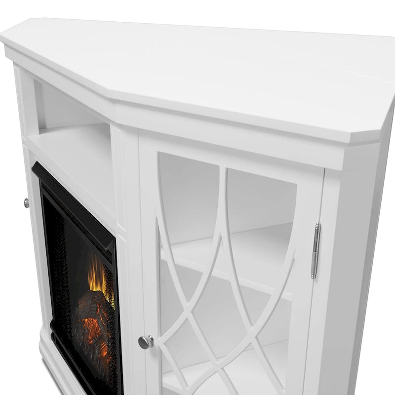 Meuble TV d'angle électrique blanc avec cheminée pour téléviseurs jusqu'à 56"