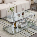 Table basse rectangulaire à 2 niveaux en verre transparent, structure chromée, assemblage par 1 personne