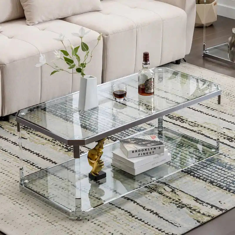 Table basse rectangulaire à 2 niveaux en verre transparent, structure chromée, assemblage par 1 personne
