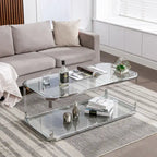 Table basse rectangulaire à 2 niveaux en verre transparent, structure chromée, assemblage par 1 personne