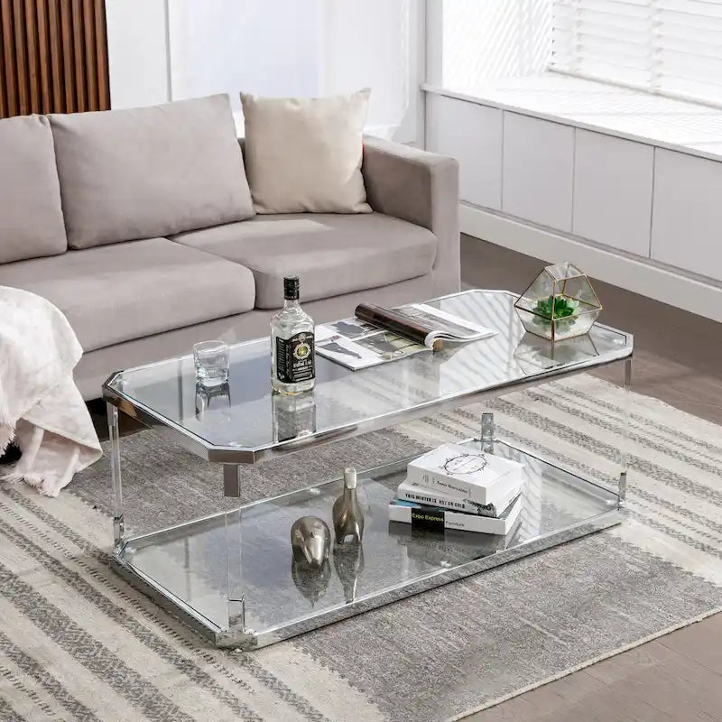 Table basse rectangulaire à 2 niveaux en verre transparent, structure chromée, assemblage par 1 personne
