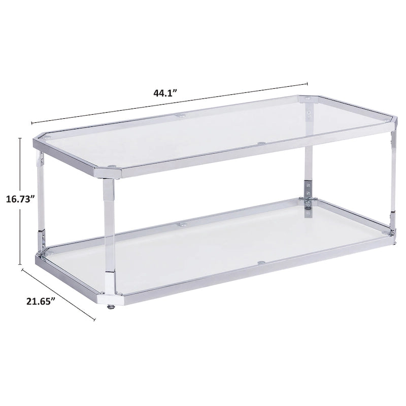 Table basse rectangulaire à 2 niveaux en verre transparent, structure chromée, assemblage par 1 personne