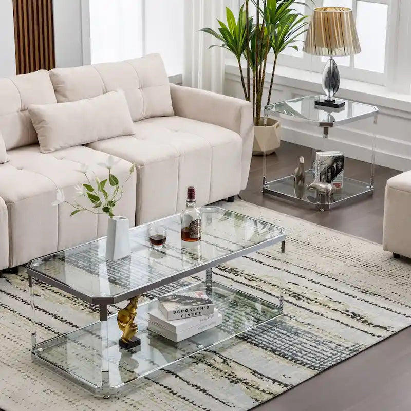Table basse rectangulaire à 2 niveaux en verre transparent, structure chromée, assemblage par 1 personne