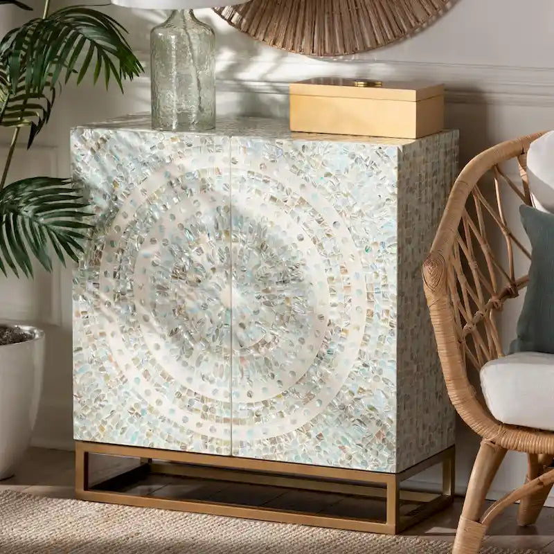Meuble de rangement bohème à 2 étagères mosaïque multicolore avec détails en nacre