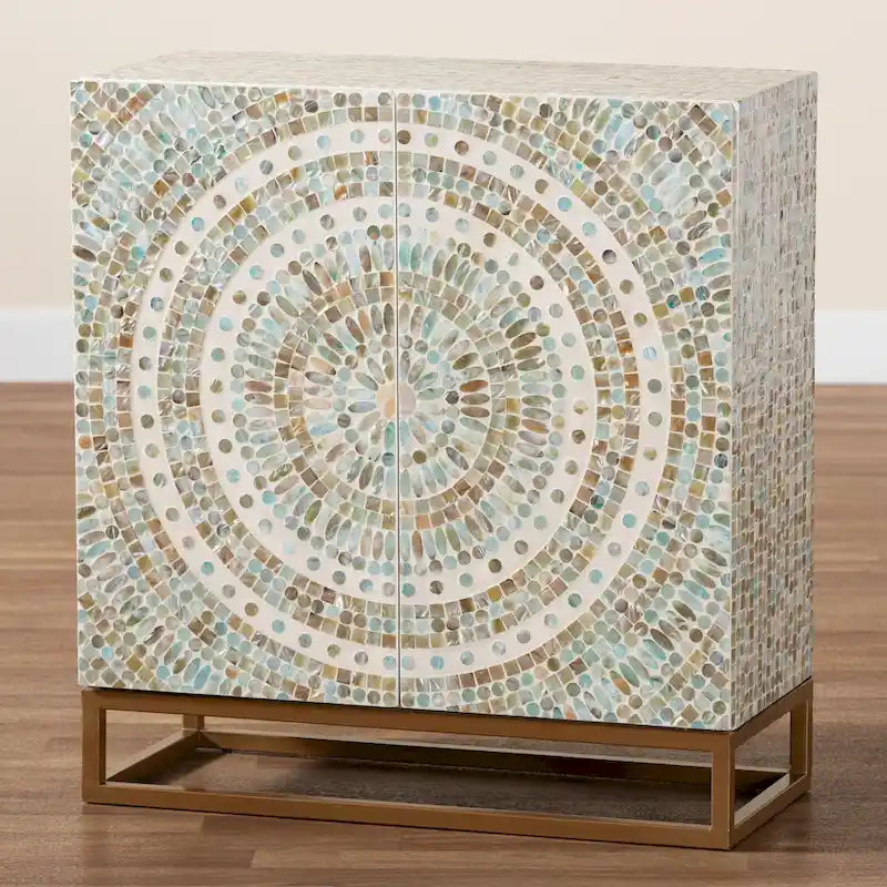 Meuble de rangement bohème à 2 étagères mosaïque multicolore avec détails en nacre