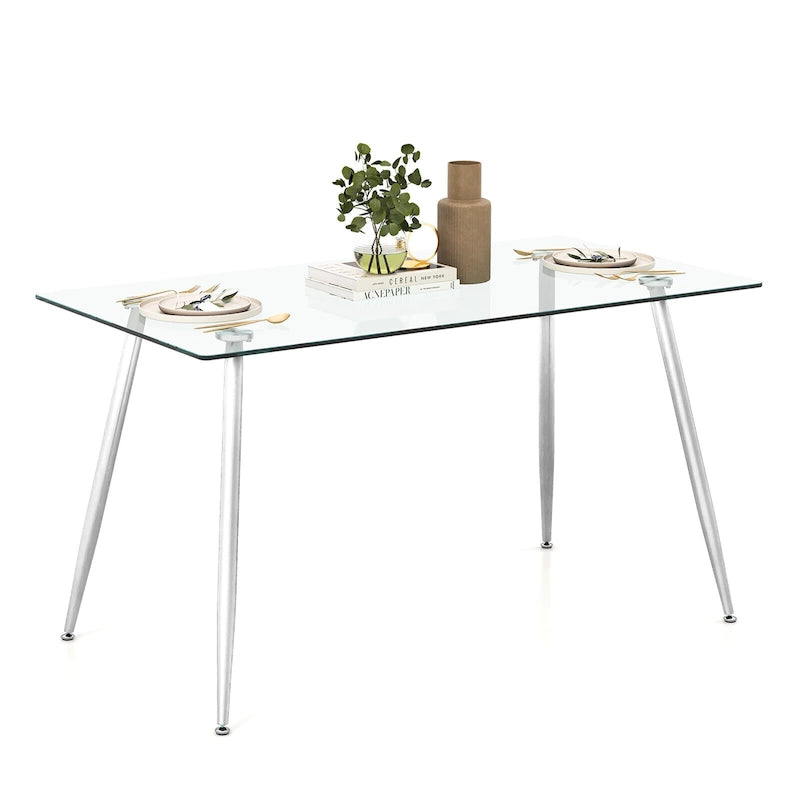 Table de salle à manger rectangulaire en verre argenté pour 4 personnes, pieds en acier
