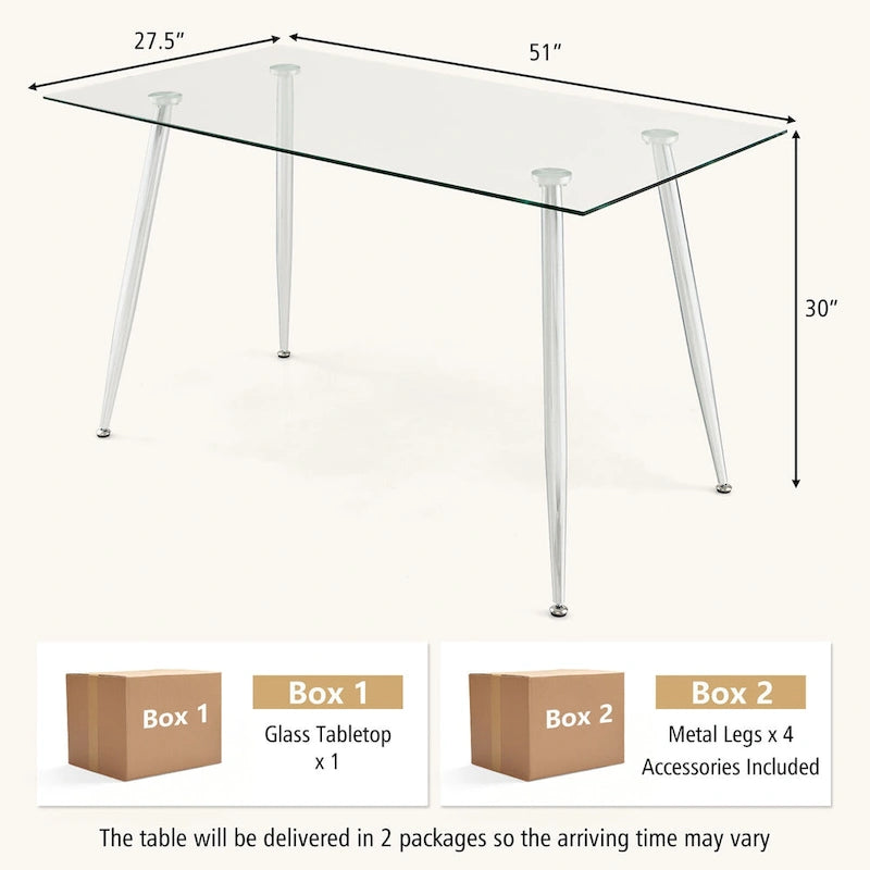 Table de salle à manger rectangulaire en verre argenté pour 4 personnes, pieds en acier