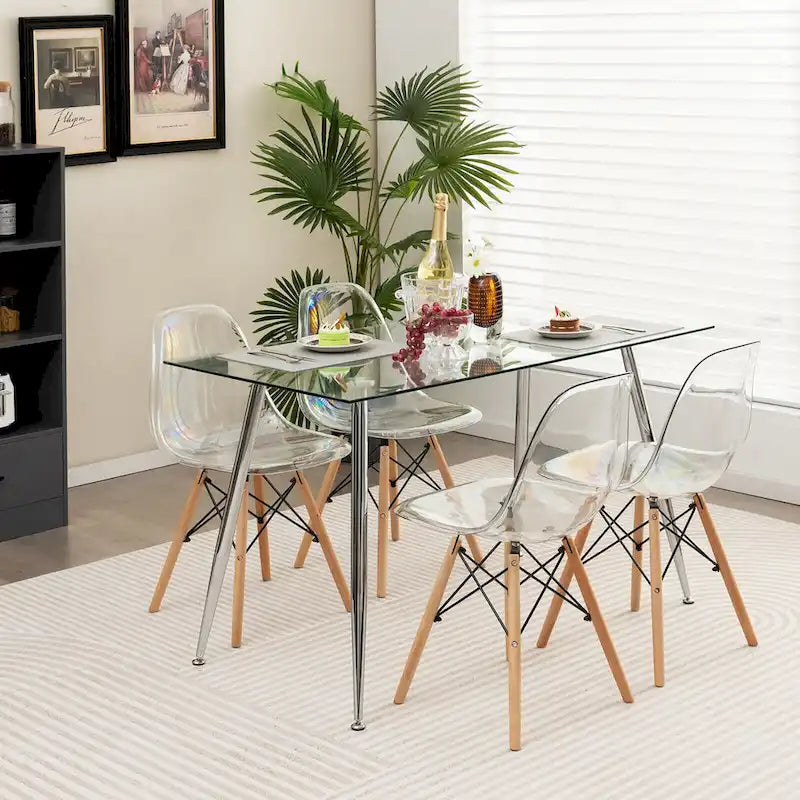 Table de salle à manger rectangulaire en verre argenté pour 4 personnes, pieds en acier
