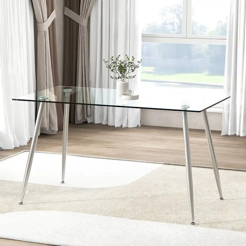 Table de salle à manger rectangulaire en verre argenté pour 4 personnes, pieds en acier