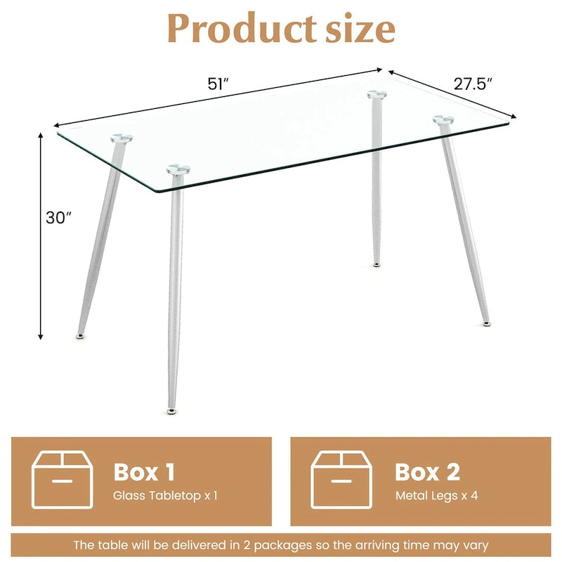 Table de salle à manger rectangulaire en verre argenté pour 4 personnes, pieds en acier