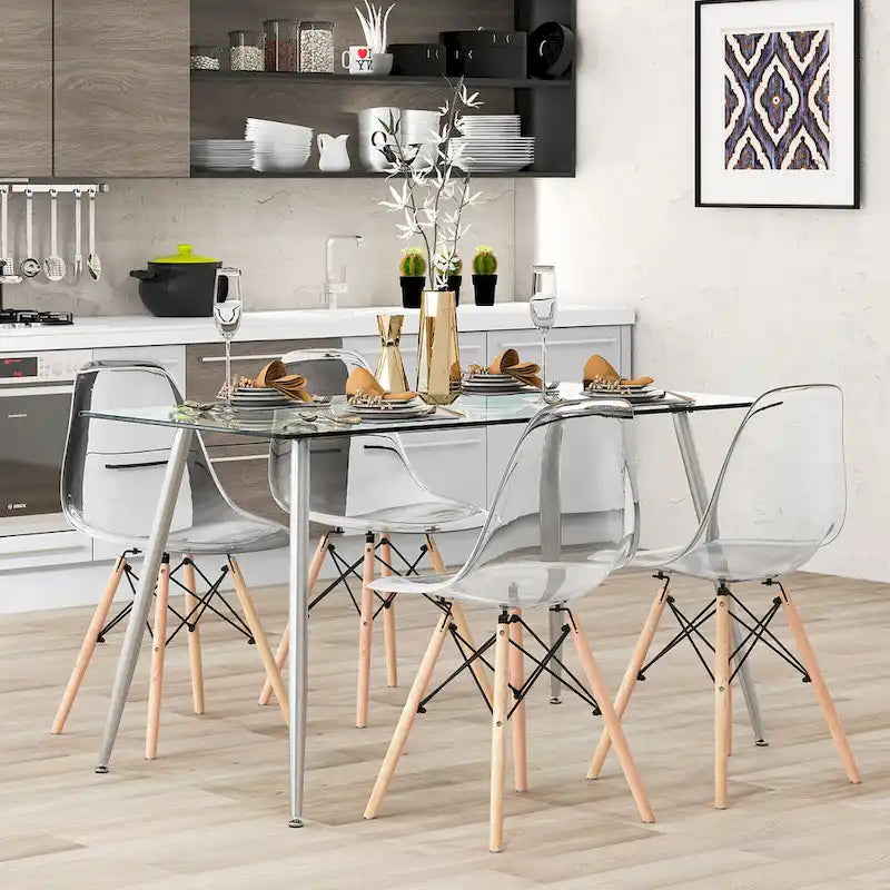 Table de salle à manger rectangulaire en verre argenté pour 4 personnes, pieds en acier