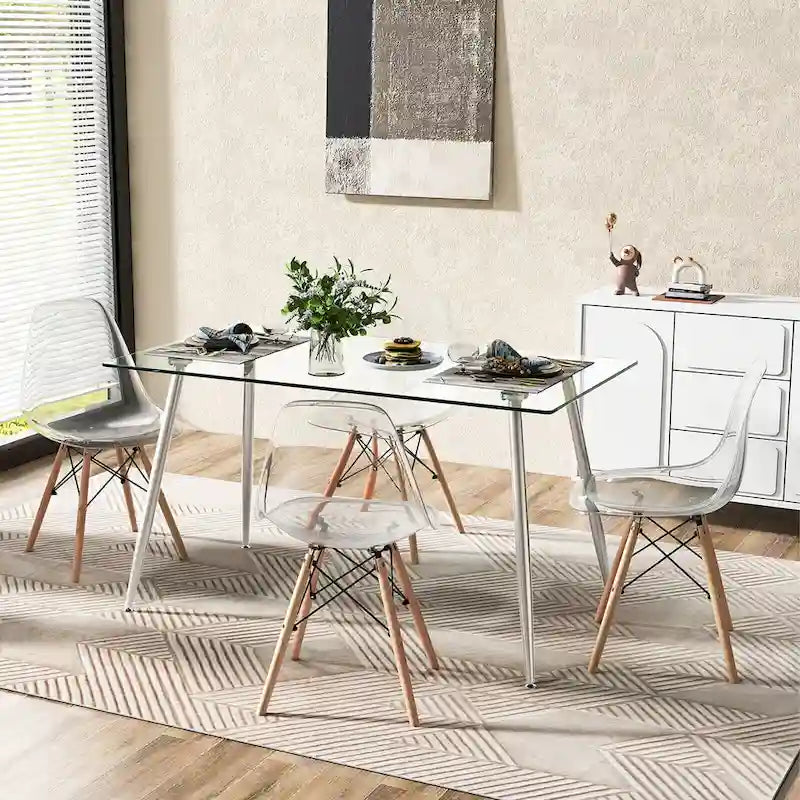 Table de salle à manger rectangulaire en verre argenté pour 4 personnes, pieds en acier