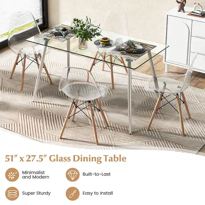 Table de salle à manger rectangulaire en verre argenté pour 4 personnes, pieds en acier