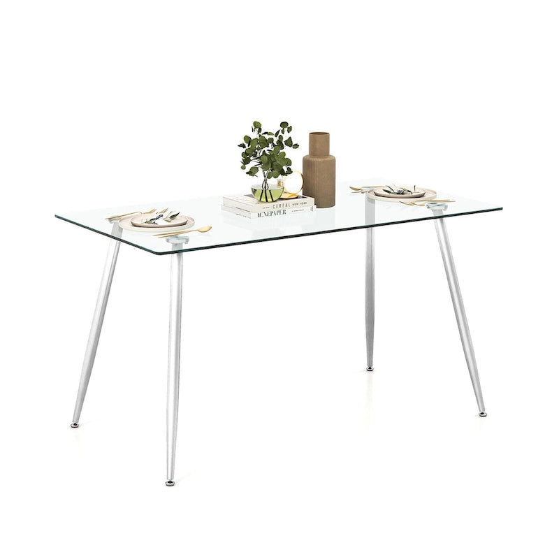 Table de salle à manger rectangulaire en verre argenté pour 4 personnes, pieds en acier