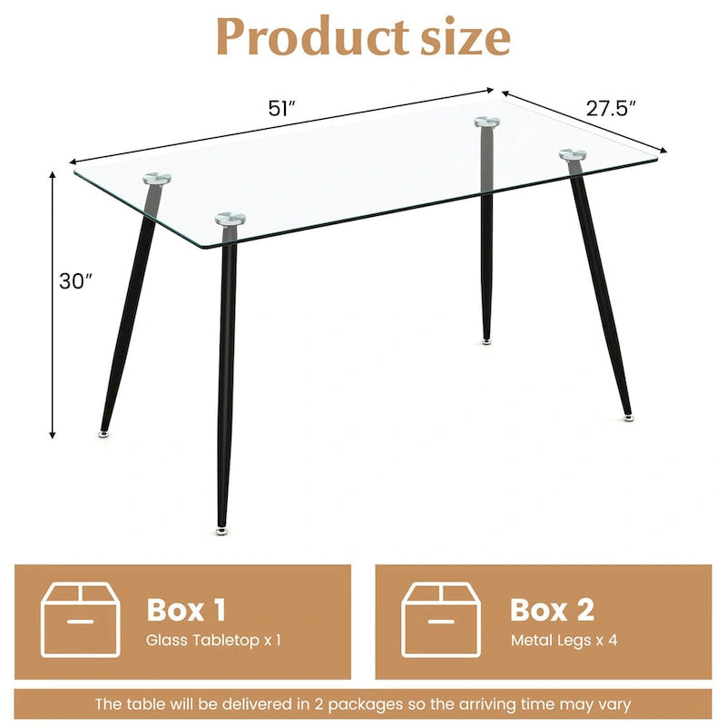 Table de salle à manger rectangulaire en verre argenté pour 4 personnes, pieds en acier