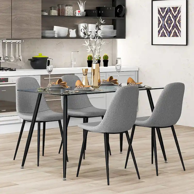 Table de salle à manger rectangulaire en verre argenté pour 4 personnes, pieds en acier