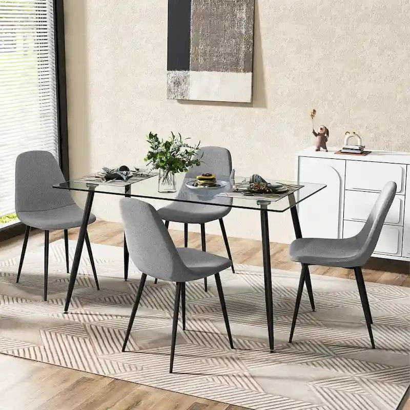 Table de salle à manger rectangulaire en verre argenté pour 4 personnes, pieds en acier