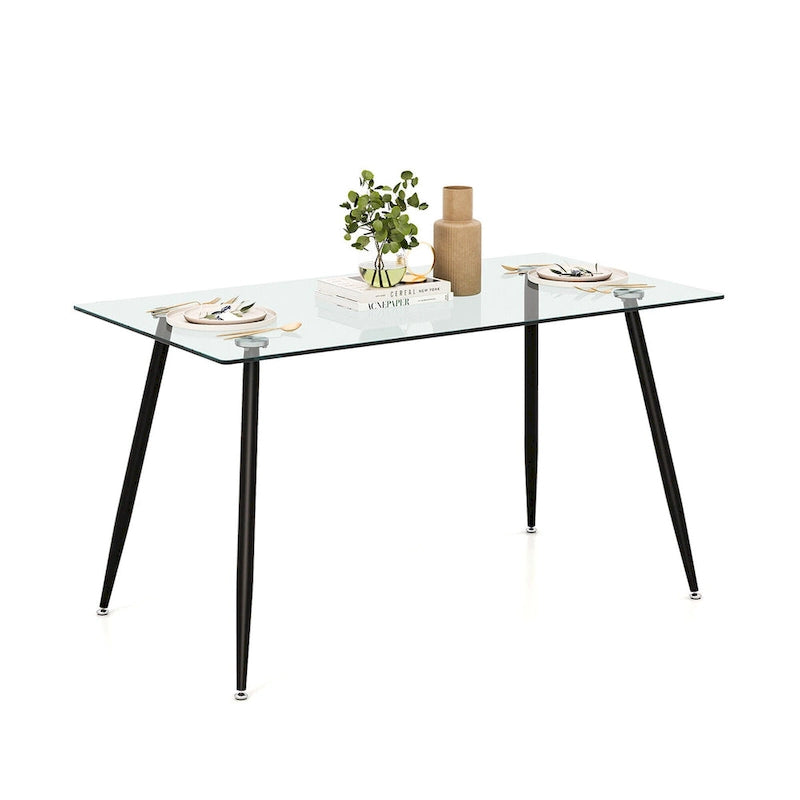 Table de salle à manger rectangulaire en verre argenté pour 4 personnes, pieds en acier