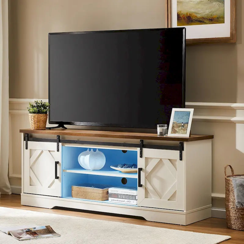 Meuble TV blanc de style rustique avec portes coulissantes façon grange, lumières bleues/colorées, convient aux téléviseurs jusqu'à 65 pouces