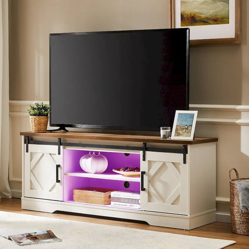 Meuble TV blanc de style rustique avec portes coulissantes façon grange, lumières bleues/colorées, convient aux téléviseurs jusqu'à 65 pouces
