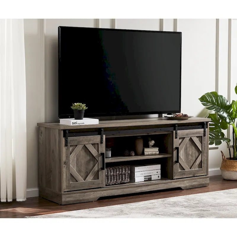 Meuble TV blanc de style rustique avec portes coulissantes façon grange, lumières bleues/colorées, convient aux téléviseurs jusqu'à 65 pouces