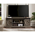 Meuble TV blanc de style rustique avec portes coulissantes façon grange, lumières bleues/colorées, convient aux téléviseurs jusqu'à 65 pouces