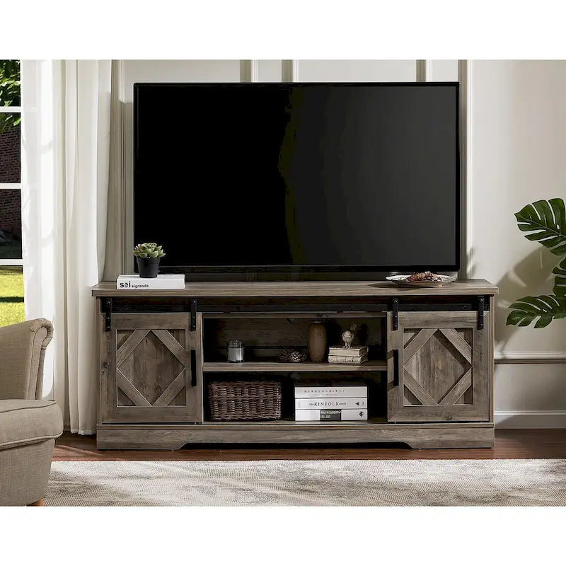 Meuble TV blanc de style rustique avec portes coulissantes façon grange, lumières bleues/colorées, convient aux téléviseurs jusqu'à 65 pouces