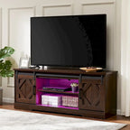 Meuble TV blanc de style rustique avec portes coulissantes façon grange, lumières bleues/colorées, convient aux téléviseurs jusqu'à 65 pouces