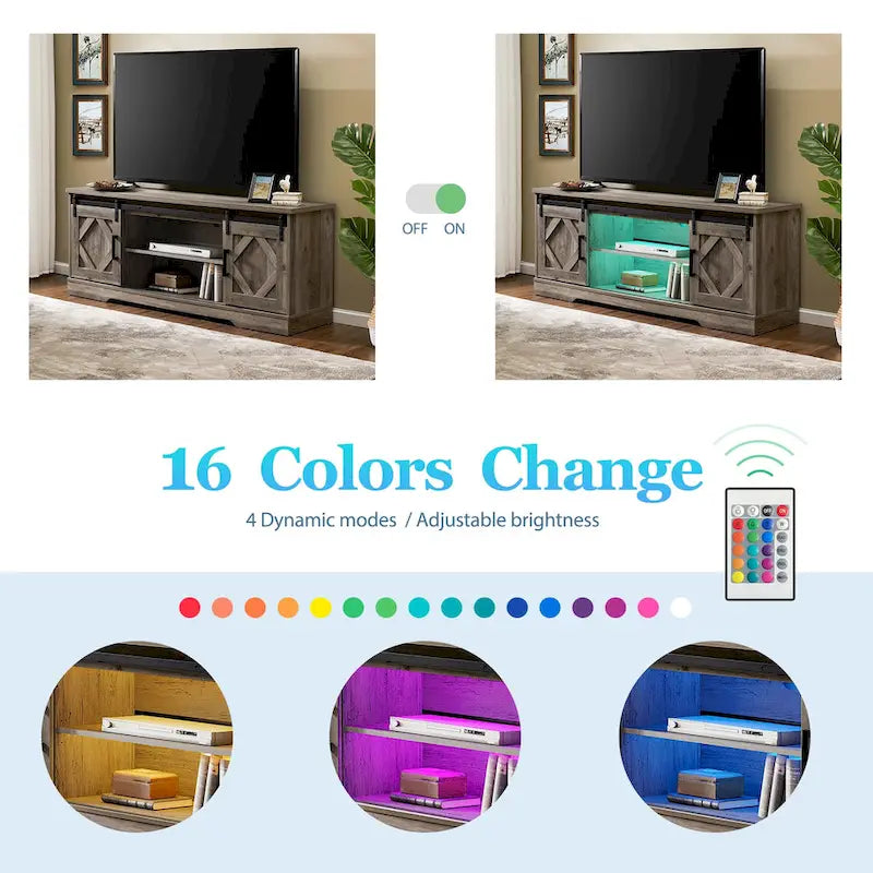Meuble TV blanc de style rustique avec portes coulissantes façon grange, lumières bleues/colorées, convient aux téléviseurs jusqu'à 65 pouces
