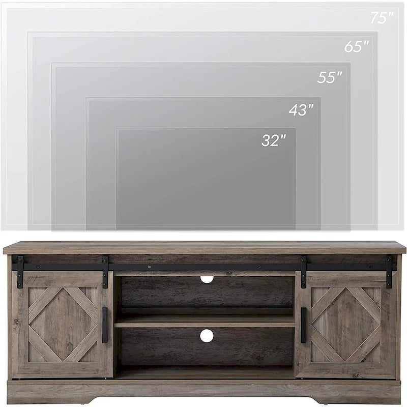 Meuble TV blanc de style rustique avec portes coulissantes façon grange, lumières bleues/colorées, convient aux téléviseurs jusqu'à 65 pouces