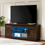 Meuble TV blanc de style rustique avec portes coulissantes façon grange, lumières bleues/colorées, convient aux téléviseurs jusqu'à 65 pouces