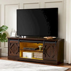 Meuble TV blanc de style rustique avec portes coulissantes façon grange, lumières bleues/colorées, convient aux téléviseurs jusqu'à 65 pouces