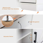 Meuble TV blanc de style rustique avec portes coulissantes façon grange, lumières bleues/colorées, convient aux téléviseurs jusqu'à 65 pouces