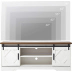 Meuble TV blanc de style rustique avec portes coulissantes façon grange, lumières bleues/colorées, convient aux téléviseurs jusqu'à 65 pouces