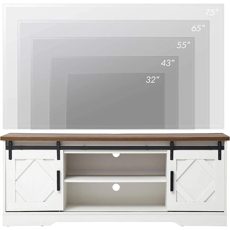 Meuble TV blanc de style rustique avec portes coulissantes façon grange, lumières bleues/colorées, convient aux téléviseurs jusqu'à 65 pouces