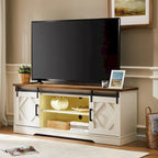 Meuble TV blanc de style rustique avec portes coulissantes façon grange, lumières bleues/colorées, convient aux téléviseurs jusqu'à 65 pouces